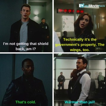 Steve: I&#039;m not getting that shield back, am I?
Natasha: Technically it&#039;s the government&#039;s property.