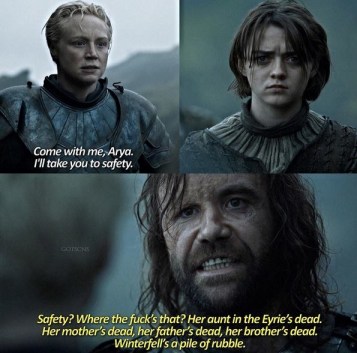 BRIENNE: Come with me Arya. I&#039;ll take you to safety.

HOUND: Safety?! Where the fuck&#039;s that? Her