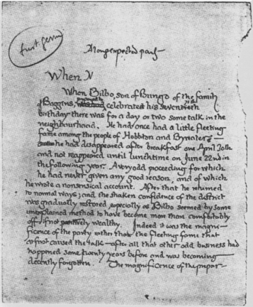 J.R.R. Tolkien's original first page for Lord of the Rings, 1937
