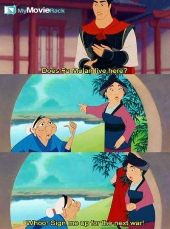 Shang: Does Fa Mulan live here?
Grandmother and Mother point to the garden
Grandmother Fa: Whoo!