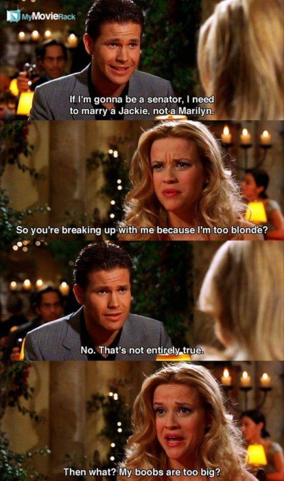 Warner: If I am gonna be a senator, I need to marry a Jackie, not a Marilyn.
Elle: So you're
