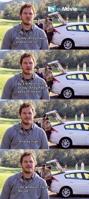 By day, Andy Dwyer, shoeshine-ist.
By a different time of day, Andy Radical, possum tackler.
And by