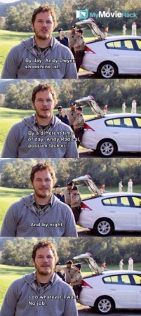 By day, Andy Dwyer, shoeshine-ist.
By a different time of day, Andy Radical, possum tackler.
And by