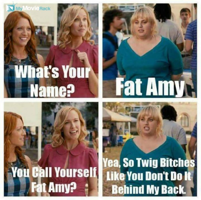 Aubrey: What's your name?
Fat Amy: Fat Amy.
Aubrey: You call yourself Fat Amy?
Fat Amy: Yeah, so