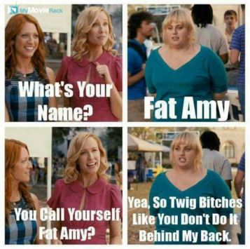 Aubrey: What's your name?
Fat Amy: Fat Amy.
Aubrey: You call yourself Fat Amy?
Fat Amy: Yeah, so