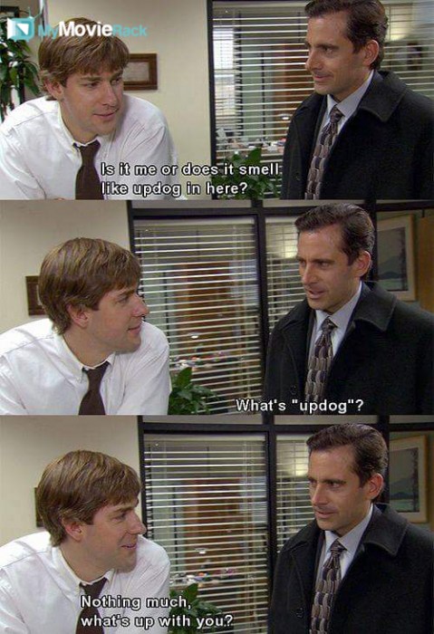 Jim: Is it me or does it smell like updog in here?
Michael: What's "updog"?
Jim: Nothing much,