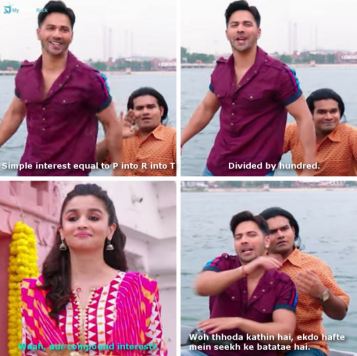 Badri: Simple interest equal to P into R into T, divided by hundred.
Vaidehi: Waah, aur compund