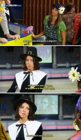 Ann: Why are you dressed as a pilgrim?
April: Leslie said it was a "come as you were in the '90s"