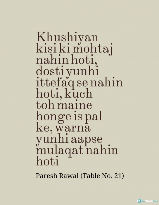 Khushiyan kisi ki mohtaj nahin hoti, dosti yunhi ittefaq se nahin hoti  kuch toh maine honge is pal