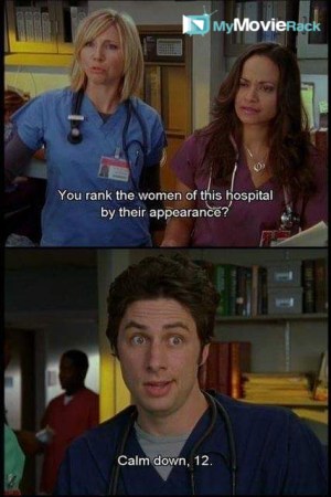 Elliot: You rank the women of this hospital by their appearance?
J.D.: Calm down, Twelve. #quote